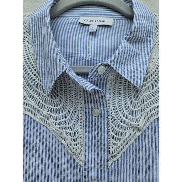 Calligraphie Anthropologie Top Large Blue White Striped Button Up Ivory Crochet - Picture 6 of 13